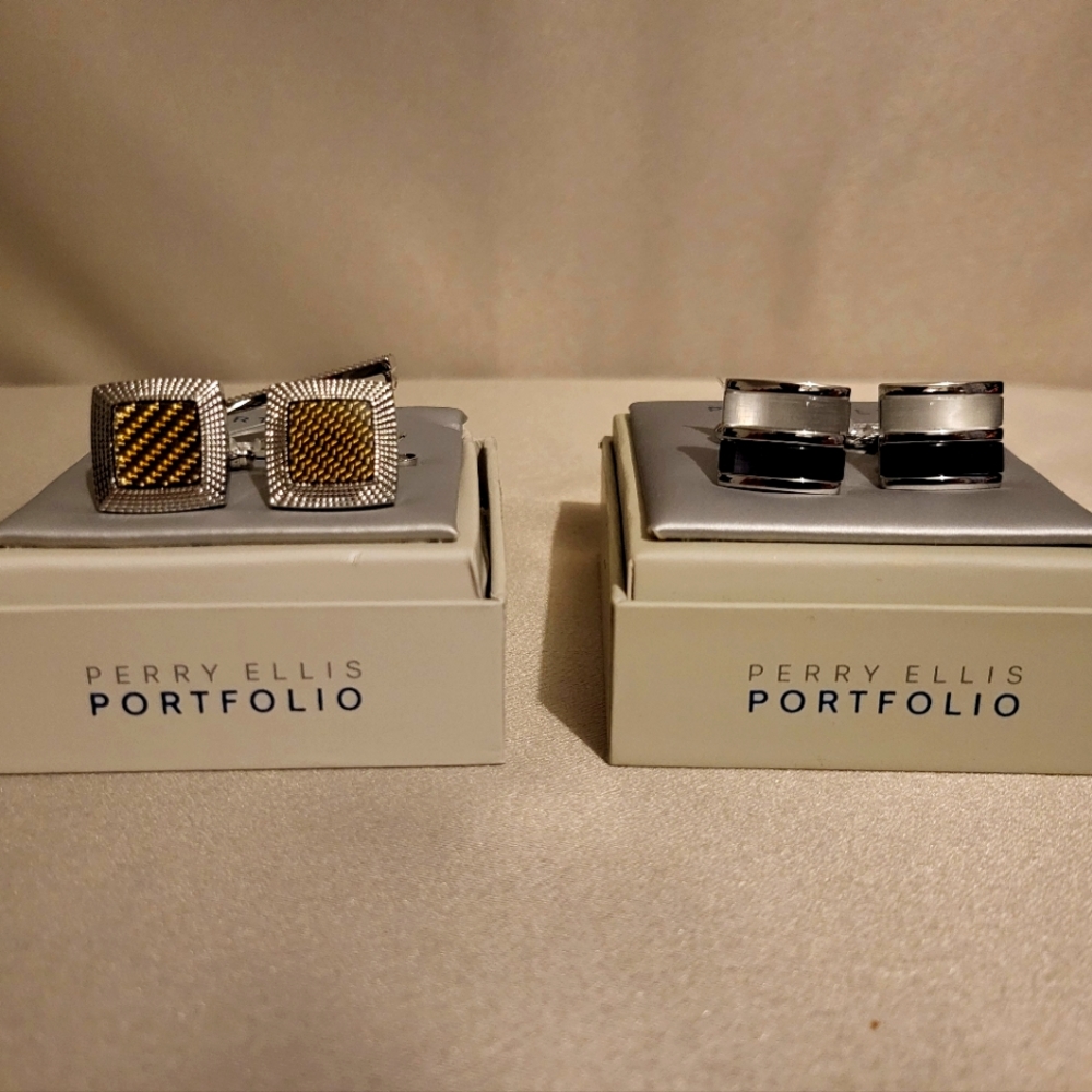 2 Sets of Perry Ellis Portfolio Cufflinks and one Tie Clip